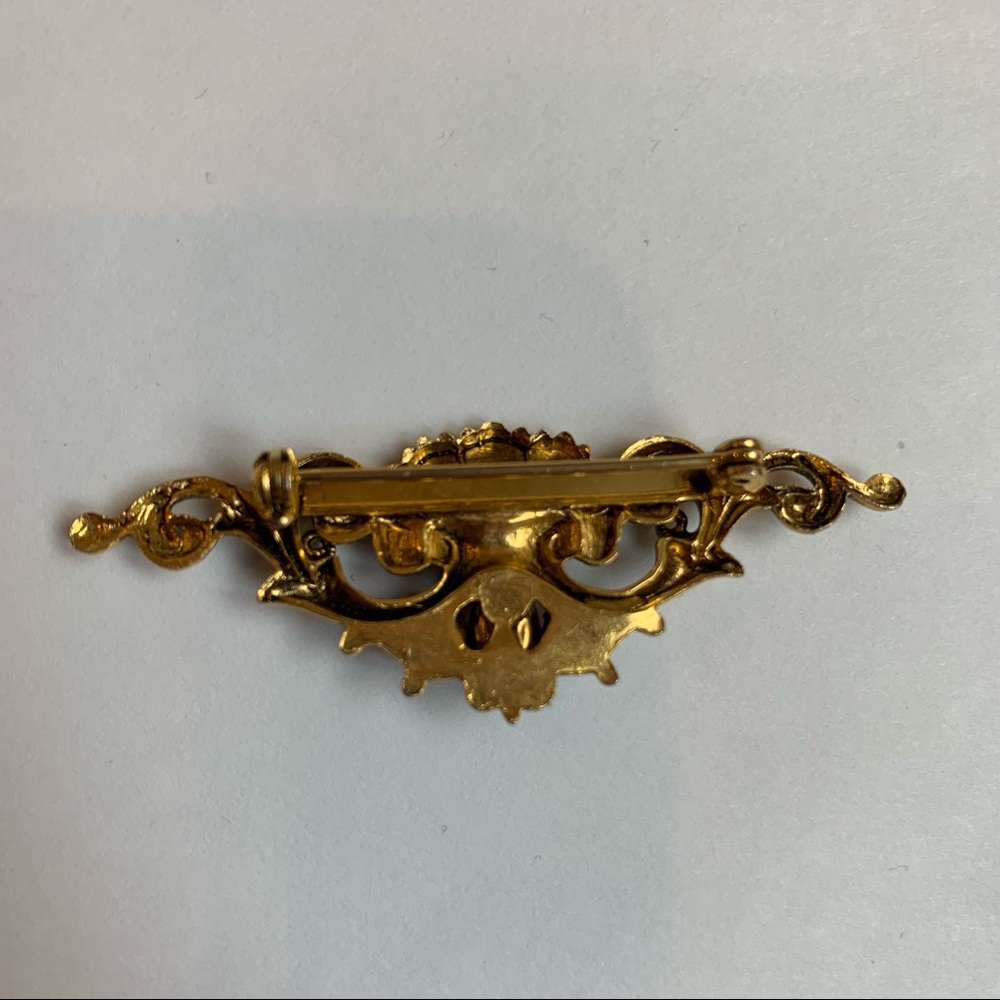 Gold Tone Faux Opal Vintage Bar Brooch Scrolls Victorian Baroque Style - Picture 4 of 6